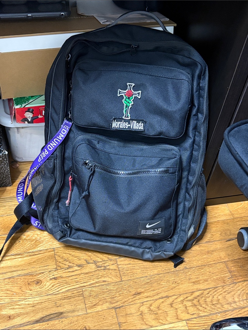 Nike Black Backpack with Morales-Vilada Rose Cross Embroidery
